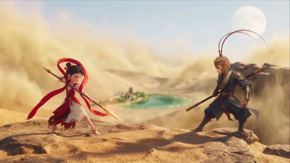 Closing frame of an animated mythology reel: the red-ribboned warrior facing an armoured monkey king across a desert oasis