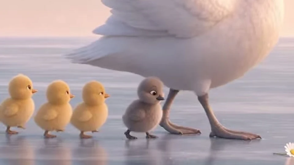 Opening frame of a Pixar-style reel: three yellow ducklings and one grey cygnet walking across ice beside a swan