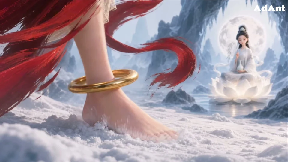 Opening frame of an animated mythology reel: a gold anklet and red ribbon on snow, a robed figure seated on a lotus behind