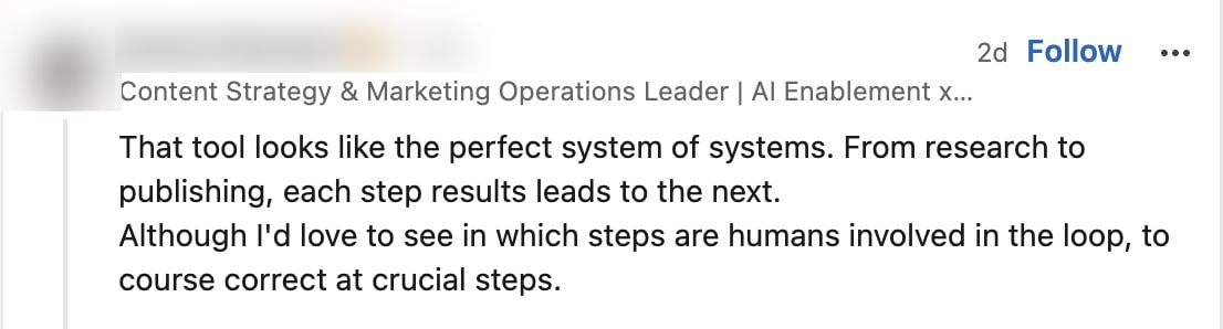LinkedIn comment asking where humans are involved to course correct