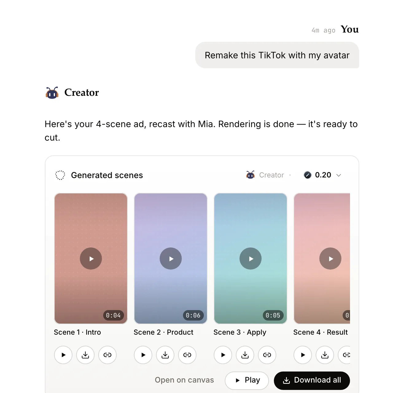 Creator in an AdAnt chat: a four-scene ad recast with an avatar, rendered and ready to cut in the editor.