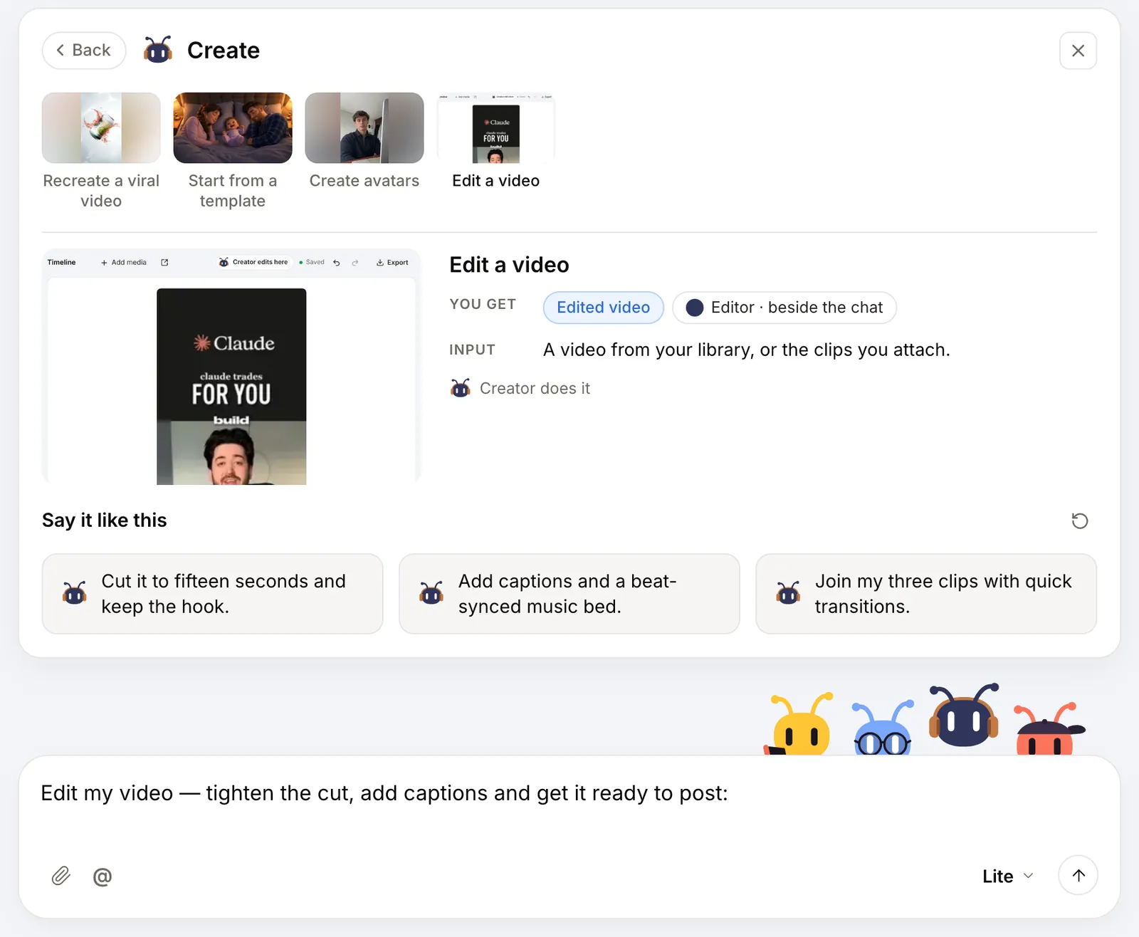 AdAnt's New task page with the Create job "Edit a video" open: the editor beside the chat, with example asks for cuts, captions and music.